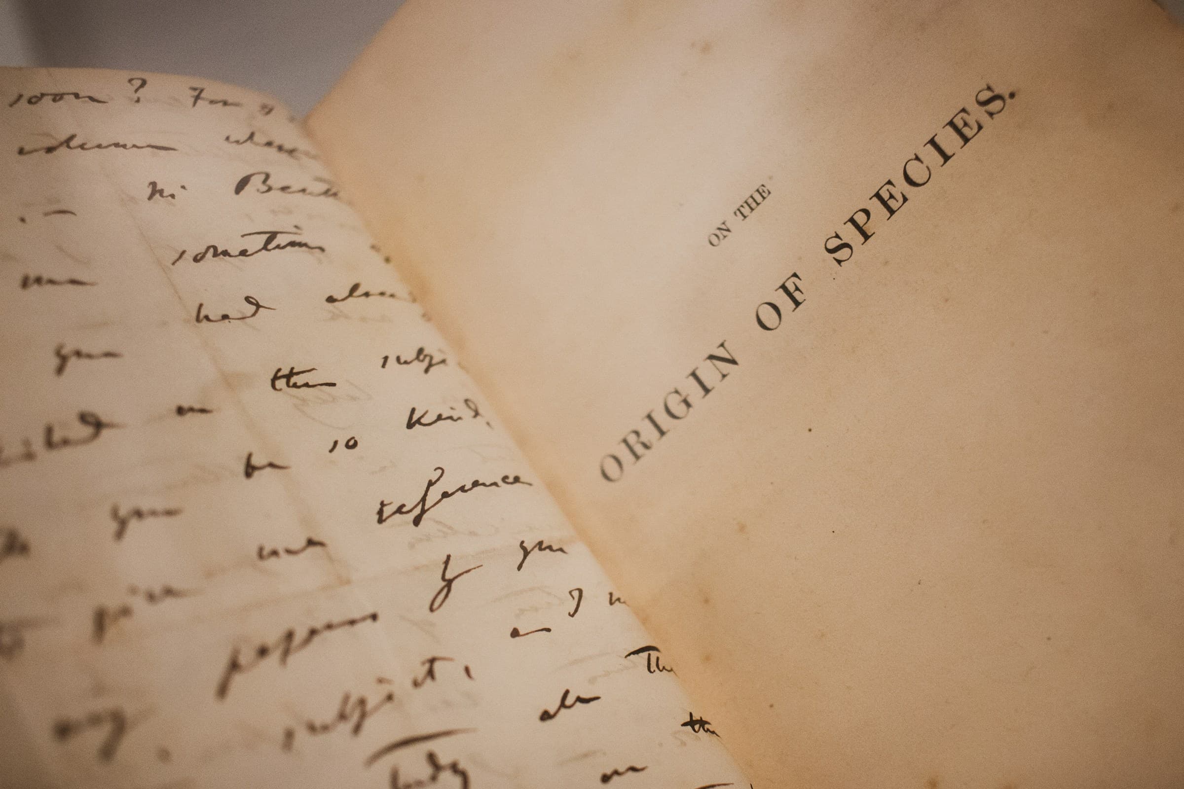 Aufgeschlagenes antikes Buch: rechts die Titelseite von „On the Origin of Species“, links handschriftliche Notizen – Sinnbild für die historische und evolutionäre Perspektive auf ADHS.