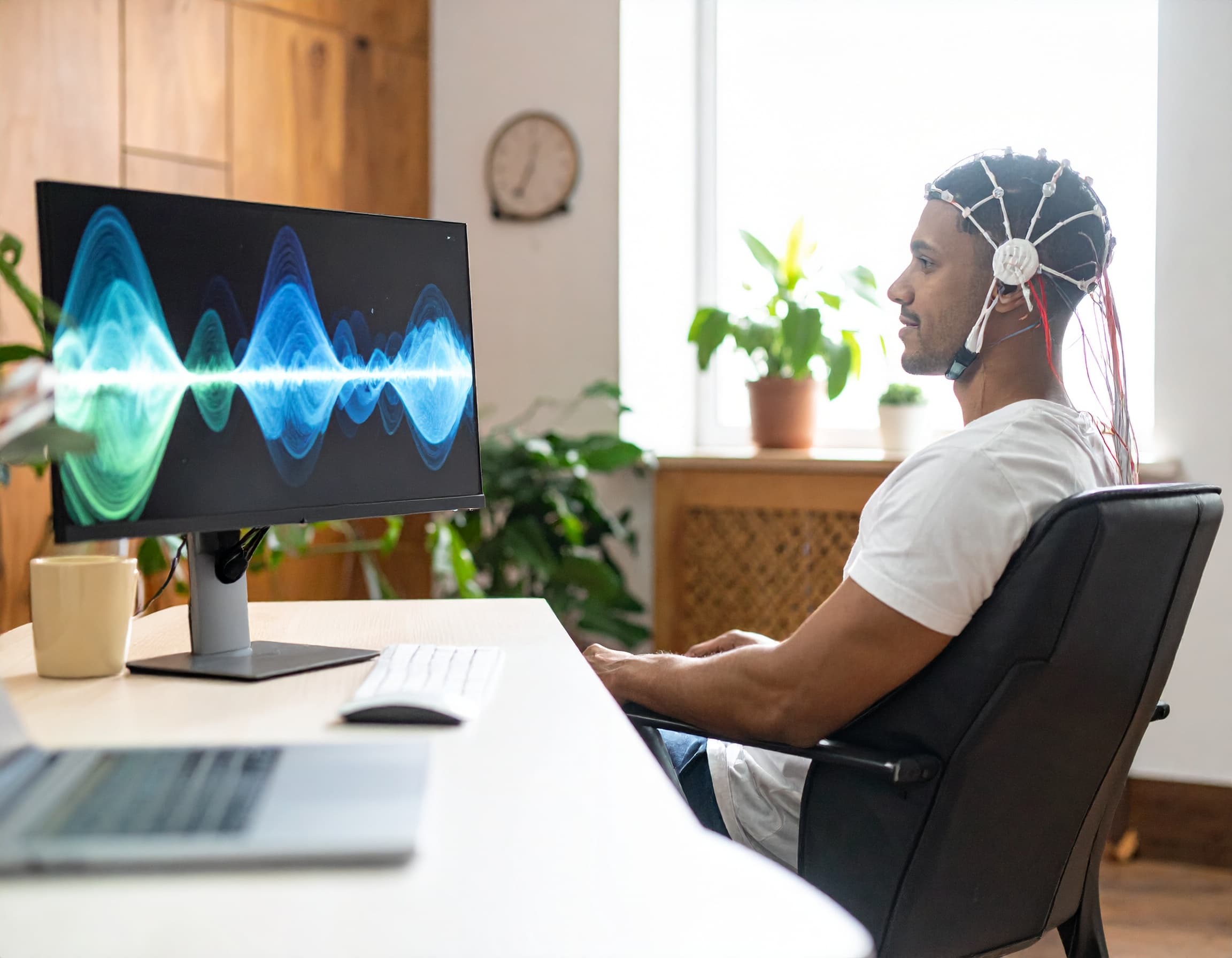 Szene einer Neurofeedbackbehandlung bei ADHS. Ein Mann sitzt vor einem Bildschirm und ist am Kopf mit diversen Elektroden verkabelt.