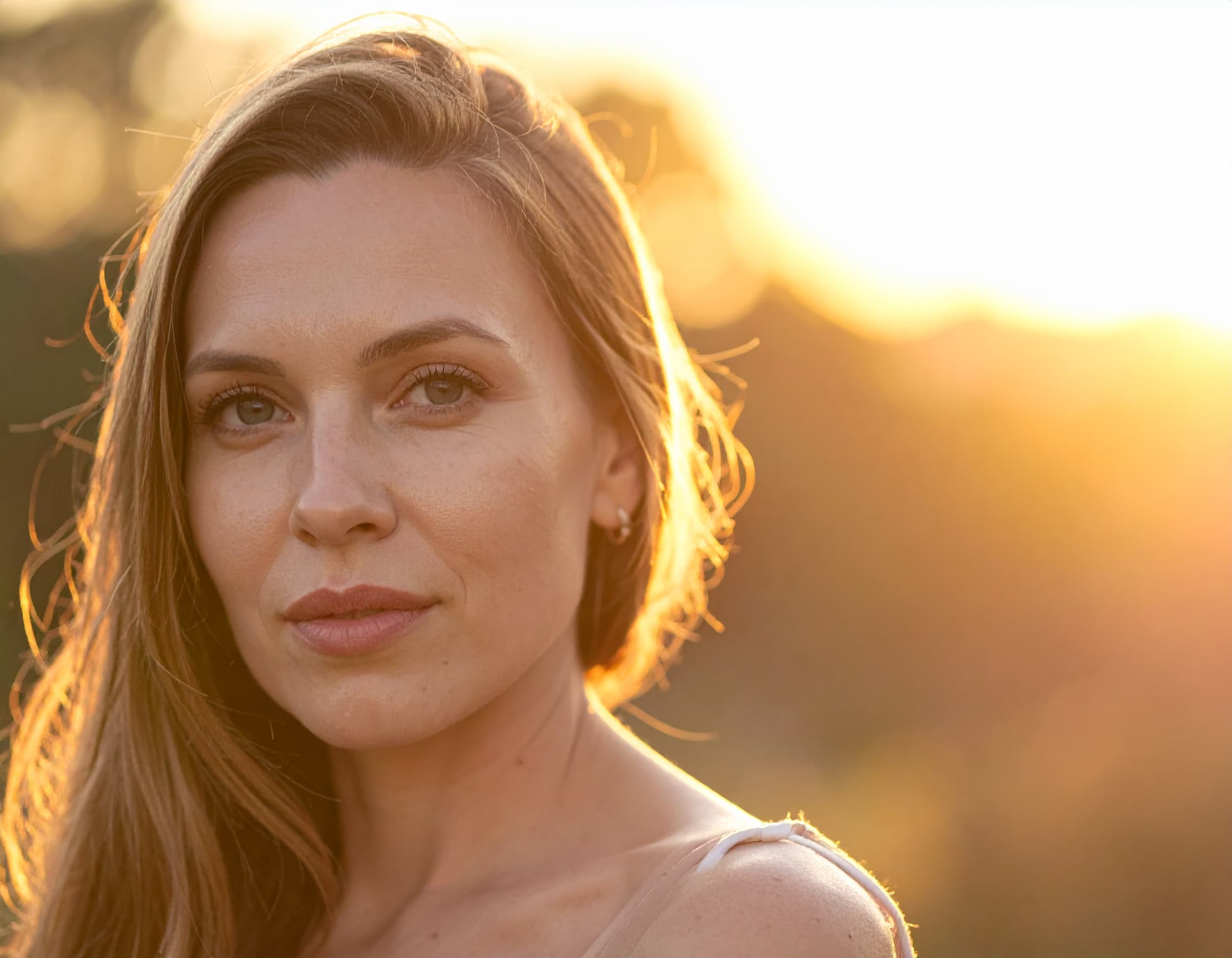 Blonde Frau blickt bei Abendlicht in die Kamera.